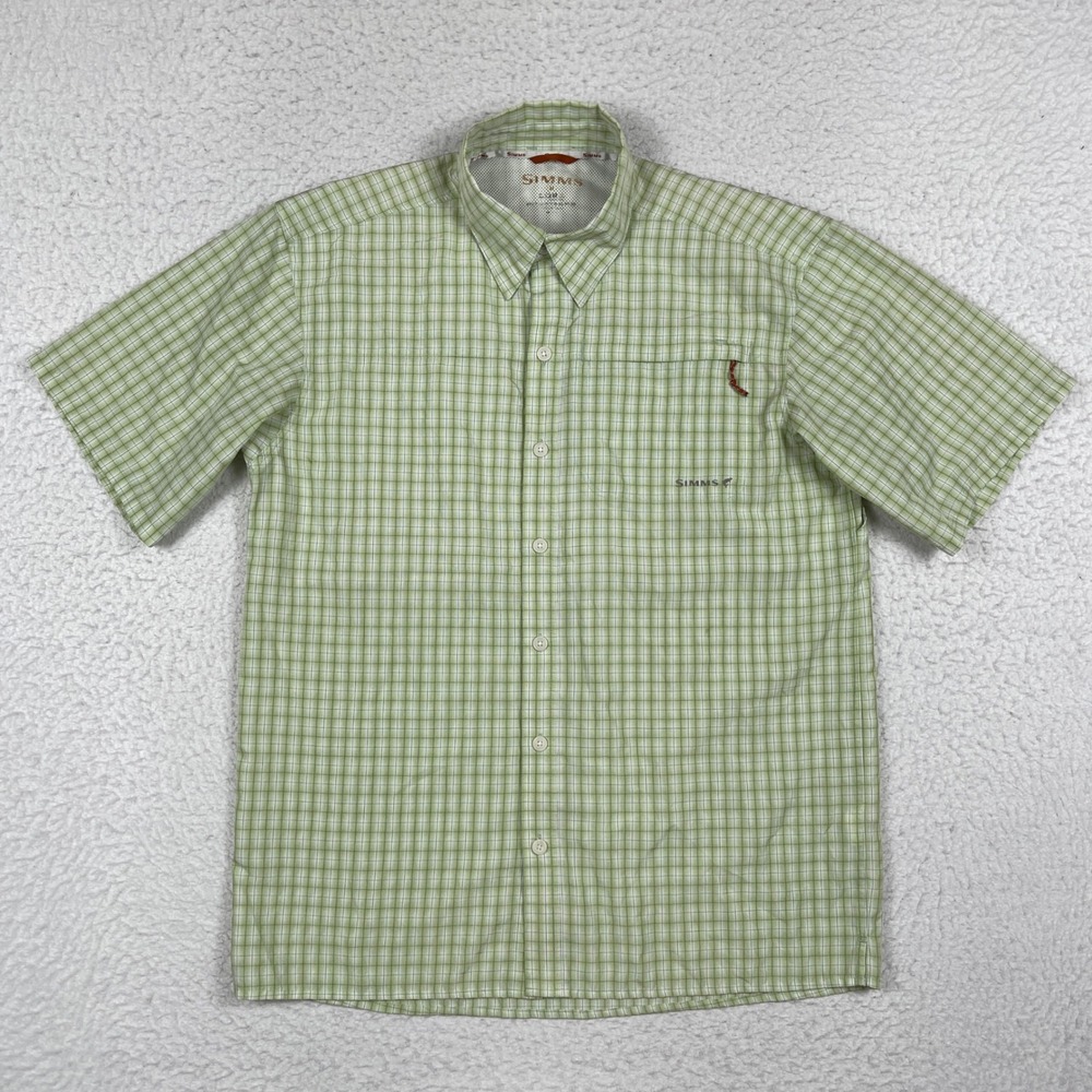 Simms Fishing Shirt Mens Medium Green‎ Plaid Short Sleeve COR3 Vented Hiking
